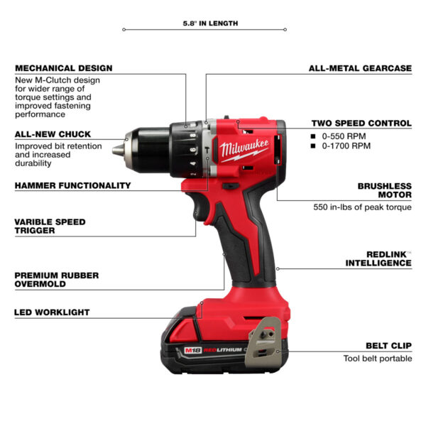 Milwaukee M18 Brushless 1/2" Hammer Drill/Driver - Image 2