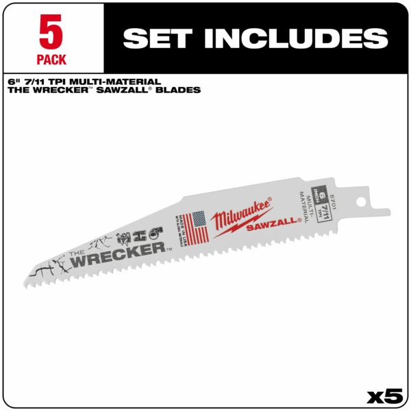 Milwaukee 6" 7/11 TPI Wrecker Multi-Material Blade 5PK